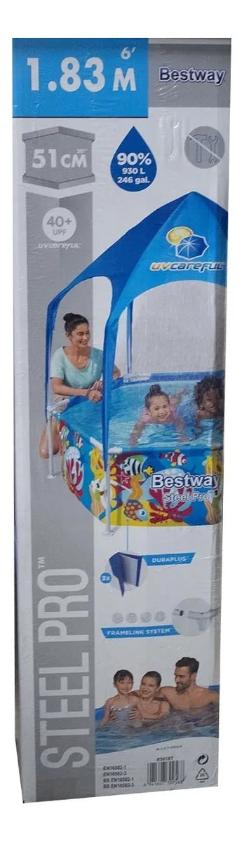 Alberca Estructural Redonda Steel Pro 183cm + Toldo Bestway Color Azul Peces